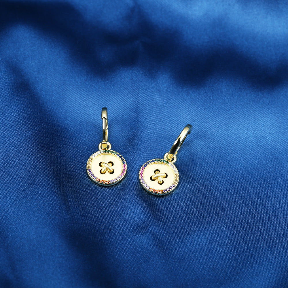 Button with Colourful Zircon Silver Drop Earrings for Women