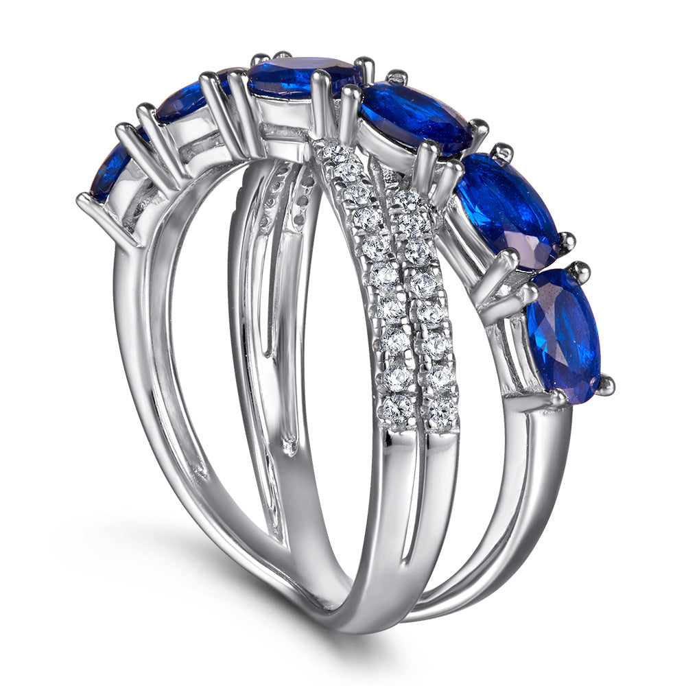 Blue Oval Zircon X-shape Silver Ring for Women