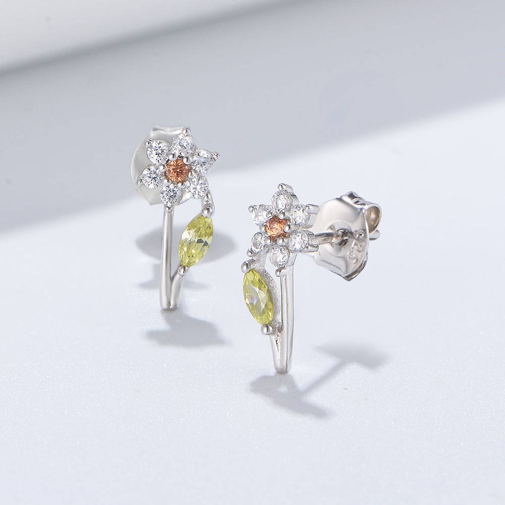 Colourful Zircon Flower Silver Studs Earrings for Women