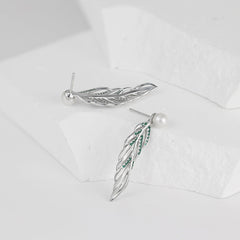 Green Zircon Feather with Freshwater Pearl Silver Drop Earrings for Women