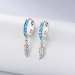 Turquoise Feather Silver Drop Earrings for Women