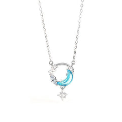 Blue Zircon Moon Star Pendants 925 Silver Collarbone Necklace for Women