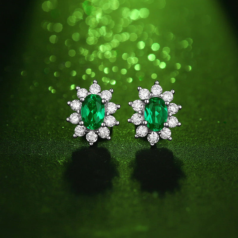 1.0Carat Oval Lab-Created Emerald Stone Flower Stud Earrings