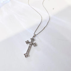 Vintage Cross Pendant Silver Necklace for Women