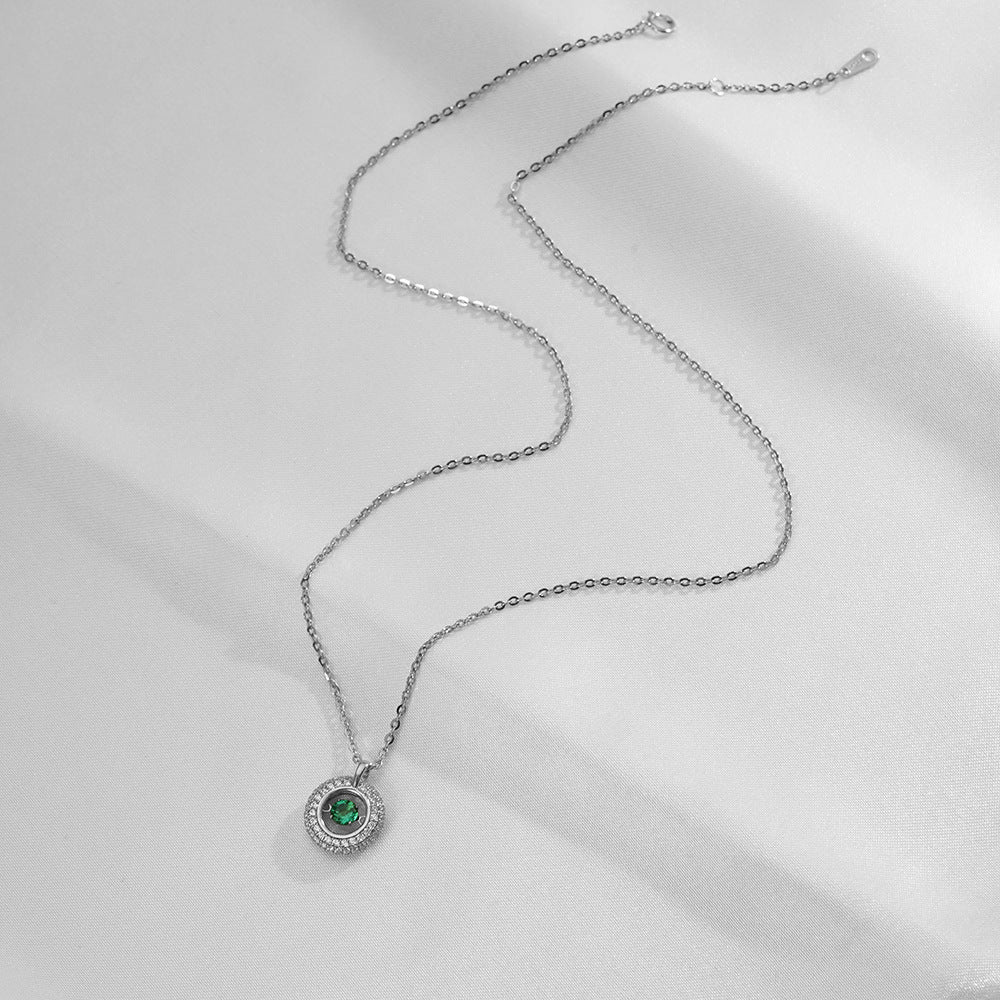 (Two Colours) White Zircon Circle Ring with Emerald Colour Zircon Pendants Silver Collarbone Necklace for Women