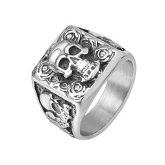 Halloween Carved Skull Roses Square Titanium Steel Ring for Men