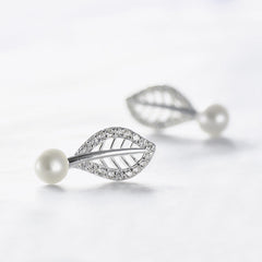 Hollow Zircon Leaf with Freshwater Pearl Silver Stud Earrings for Women