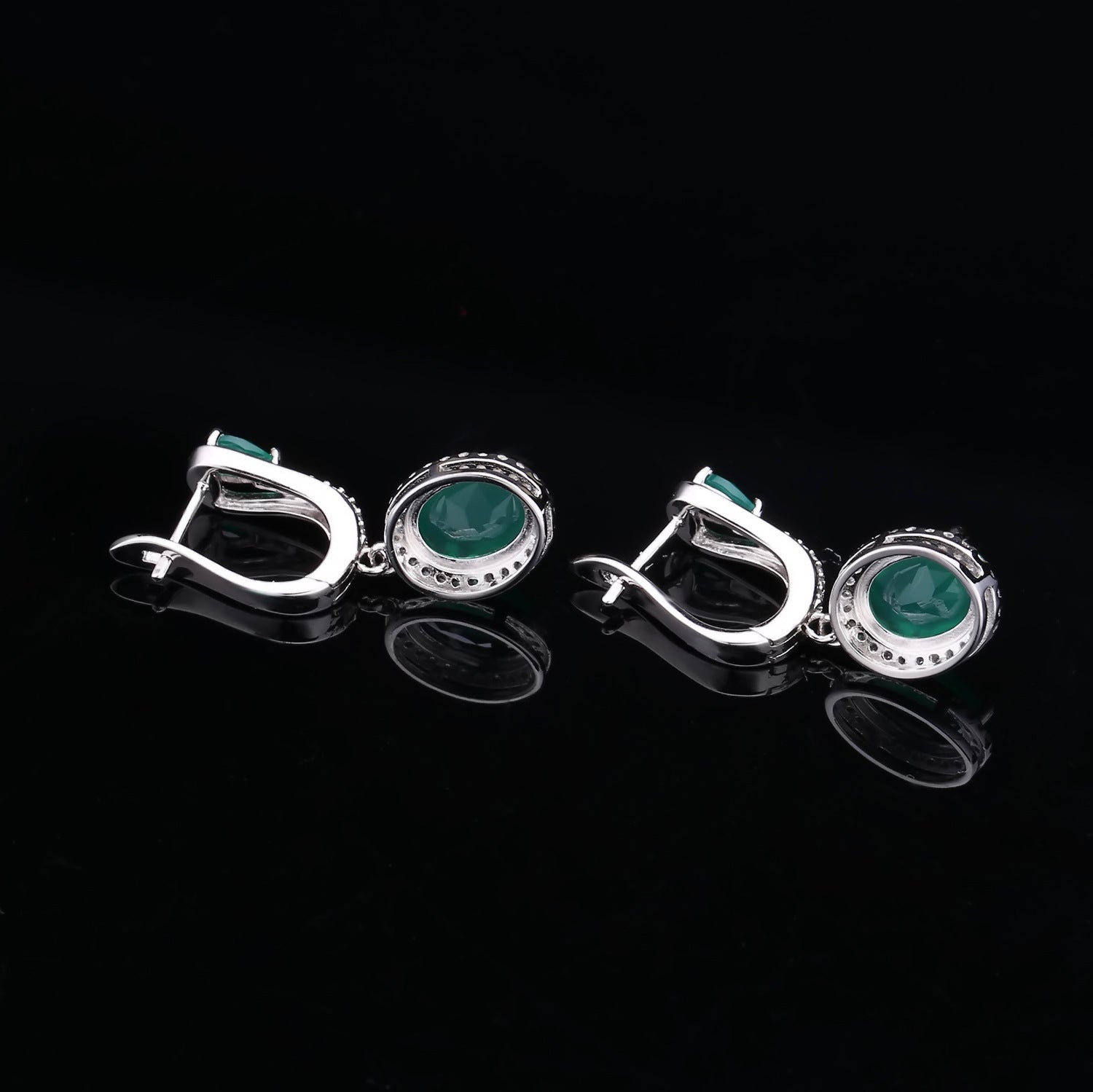 Natural Green Agate Soleste Halo Oval Shape Silver Drop Earrings for Women