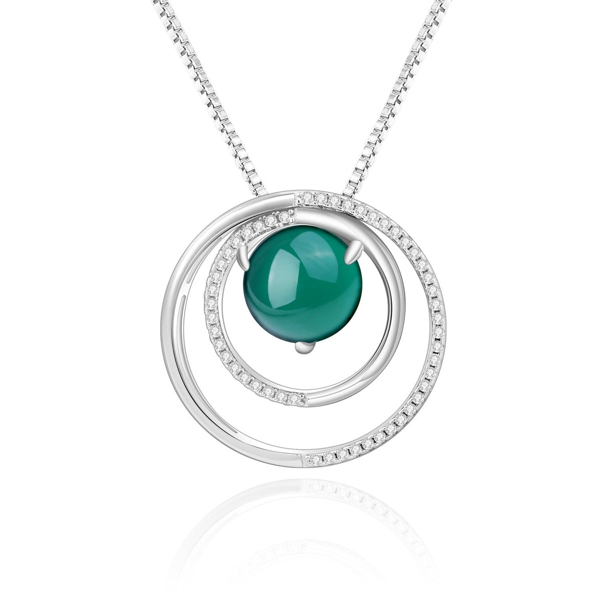 Design Natural Green Agate Circle Pendant Silver Necklace for Women