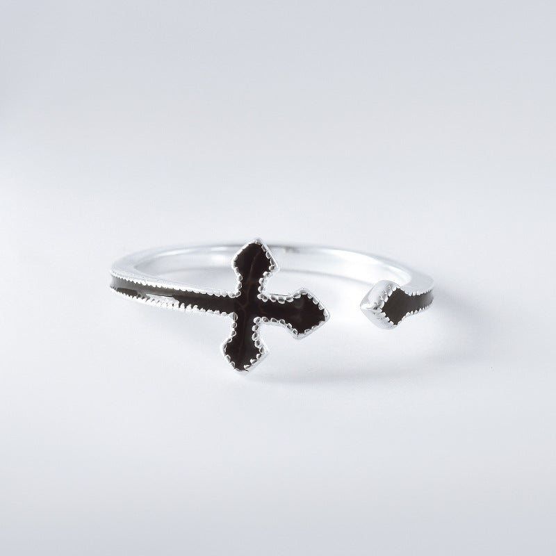 Black Cross Silver Ring for Women