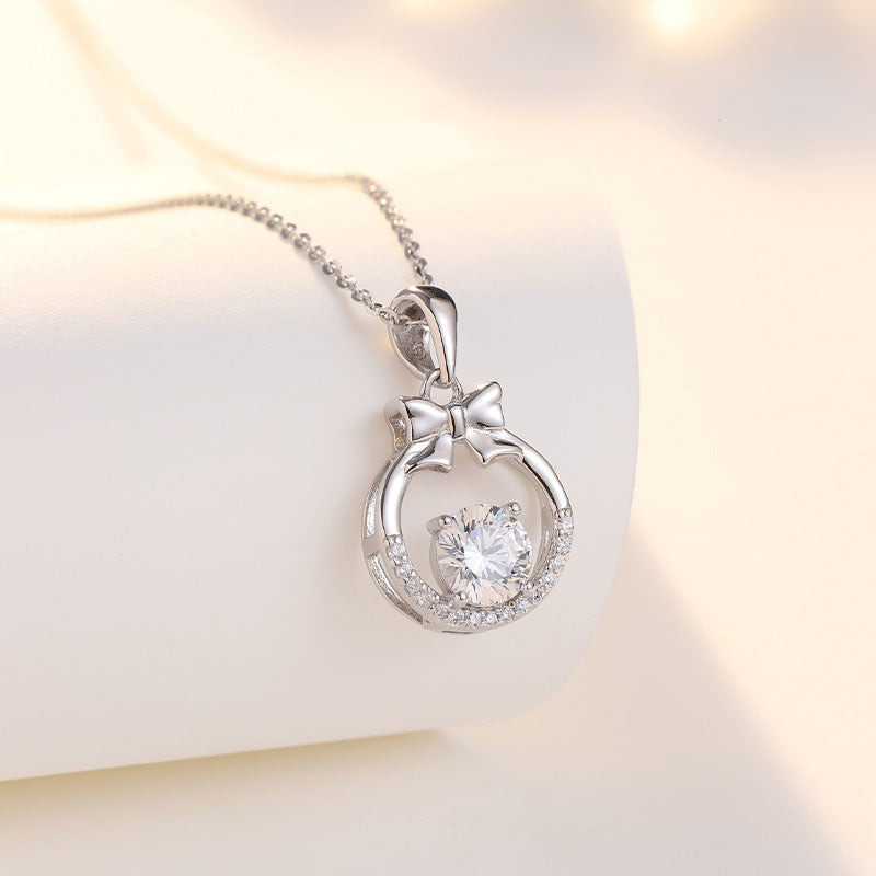 Round Zircon Hollow Circle with Bow Pendant Silver Necklace for Women