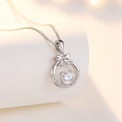 Round Zircon Hollow Circle with Bow Pendant Silver Necklace for Women