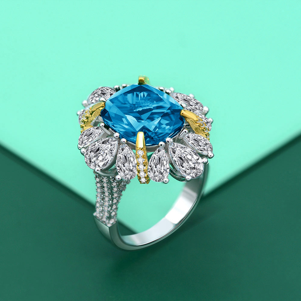 Petals Halo Square Blue Zircon Ring