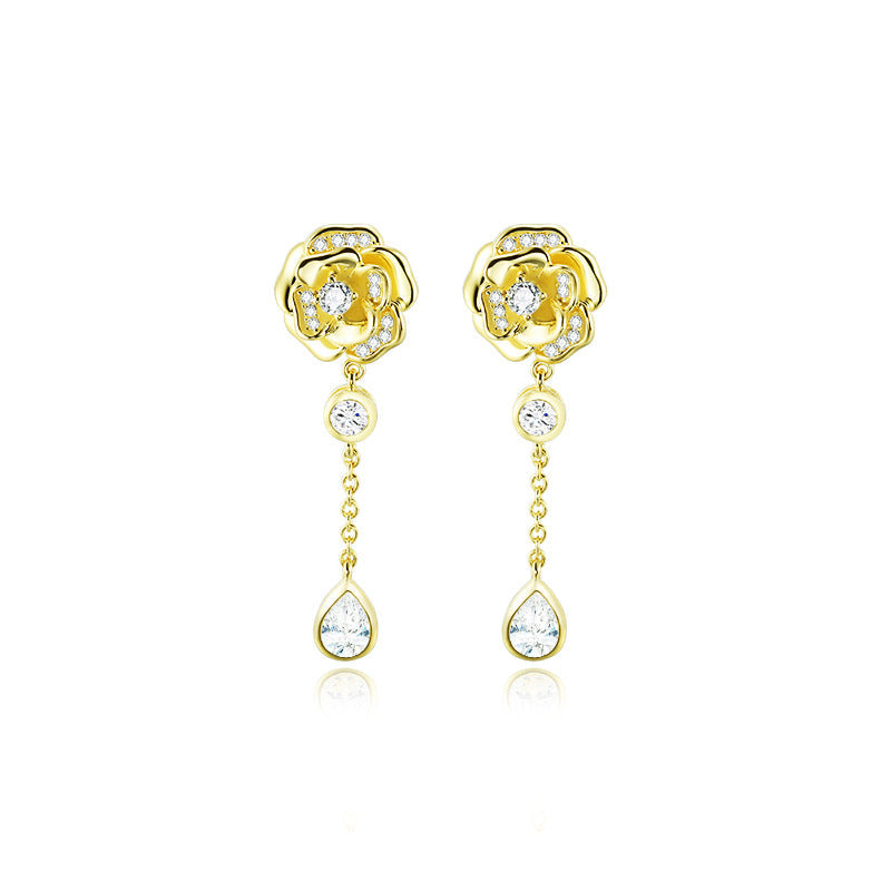 Zircon Camellia Tassel Silver Drop Earrings for Women