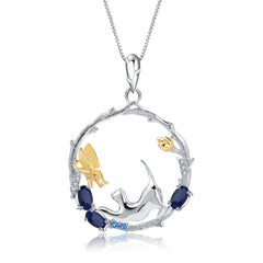 National Style Animal Design Natural Topaz Cat and Butterfly Pendant Silver Necklace for Women