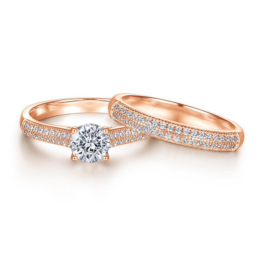 Round Zircon Four Prongs Cathedral Silver Ring Set