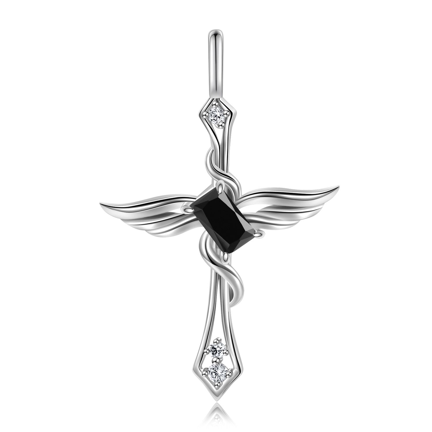 Colourful Radiant Cut Zircon Angle Wings Cross Pendant Silver Necklace