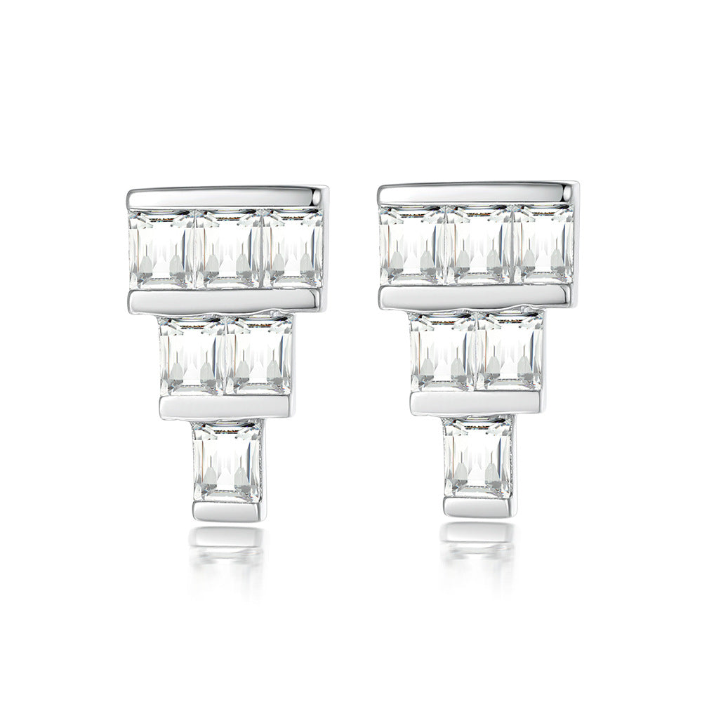 Rectangle Zircon Cake Shape Silver Studs Earrings for Women
