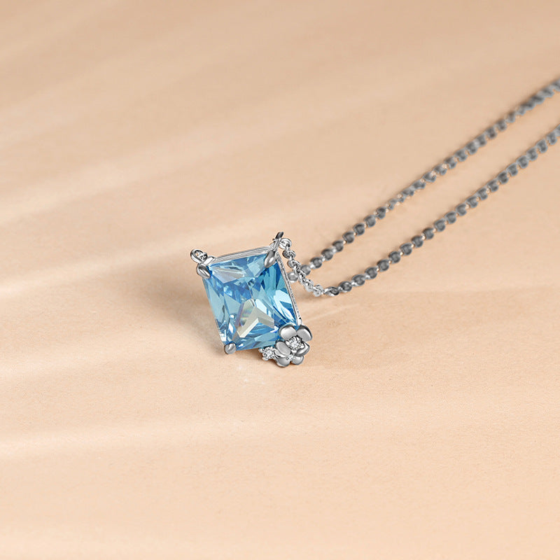 Rectangle Blue Zircon with Flower Pendant Silver Necklace for Women