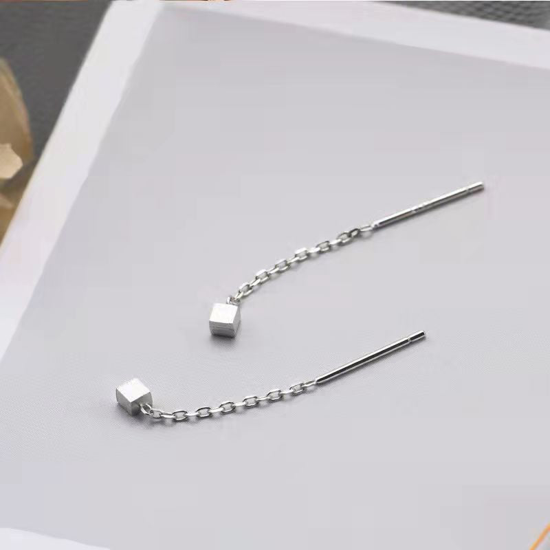 Small Square Ear Line Silver Drop Earrings for Women