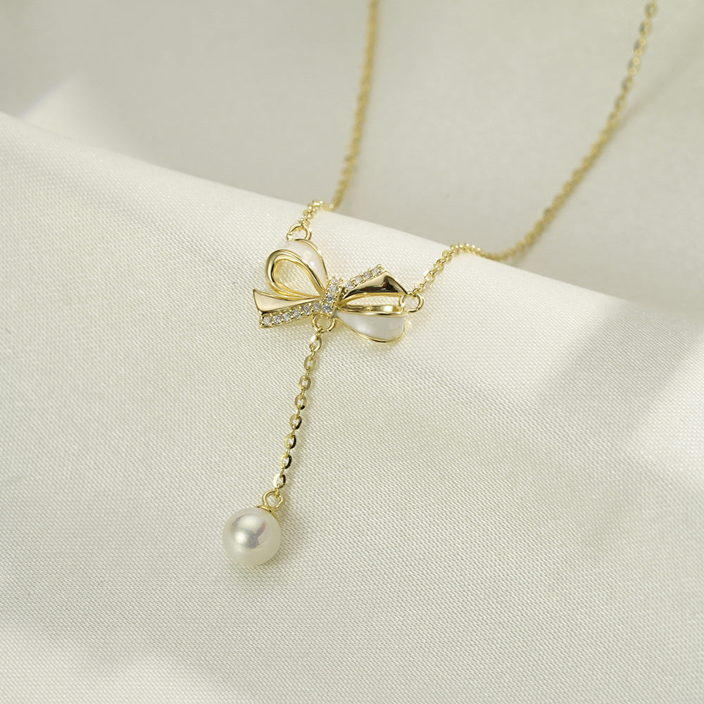 (Two Colours) White Zircon Sweet Bowknot with Pearl Pendants Collarbone Necklace for Women