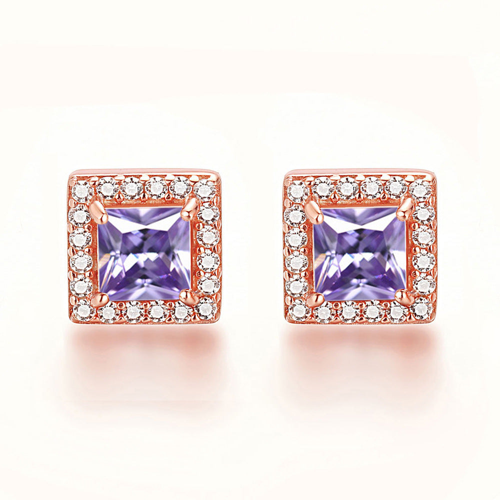 Square Zircon Soleste Halo Silver Studs Earrings for Women