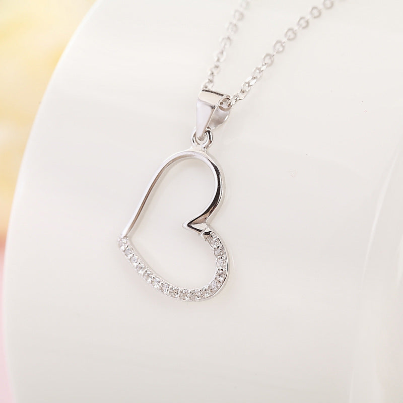 (Pendant Only) Half Zircon Hollow Heart Silver Pendant for Women