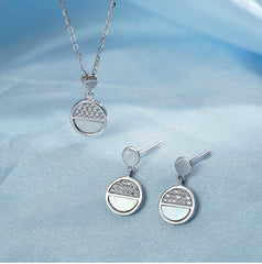 Round Disc Zircon Silver Necklace Earrings Set