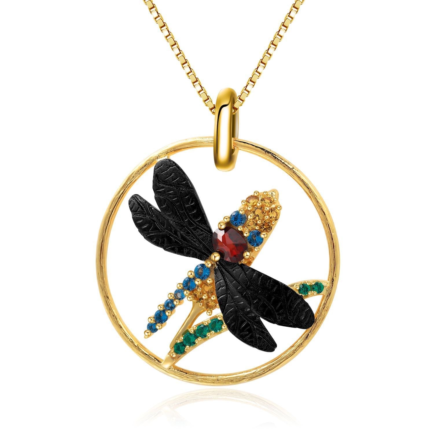 Animal Element Design Inlaid Natural Colourful Gemstone Dragonfly Circle Pendant Silver Necklace for Women