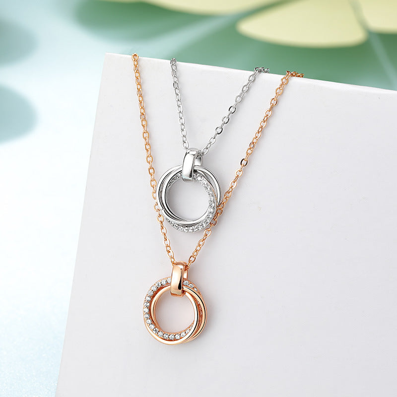 Three-ring with Zircon Interlocking Pendant Silver Necklace for Women