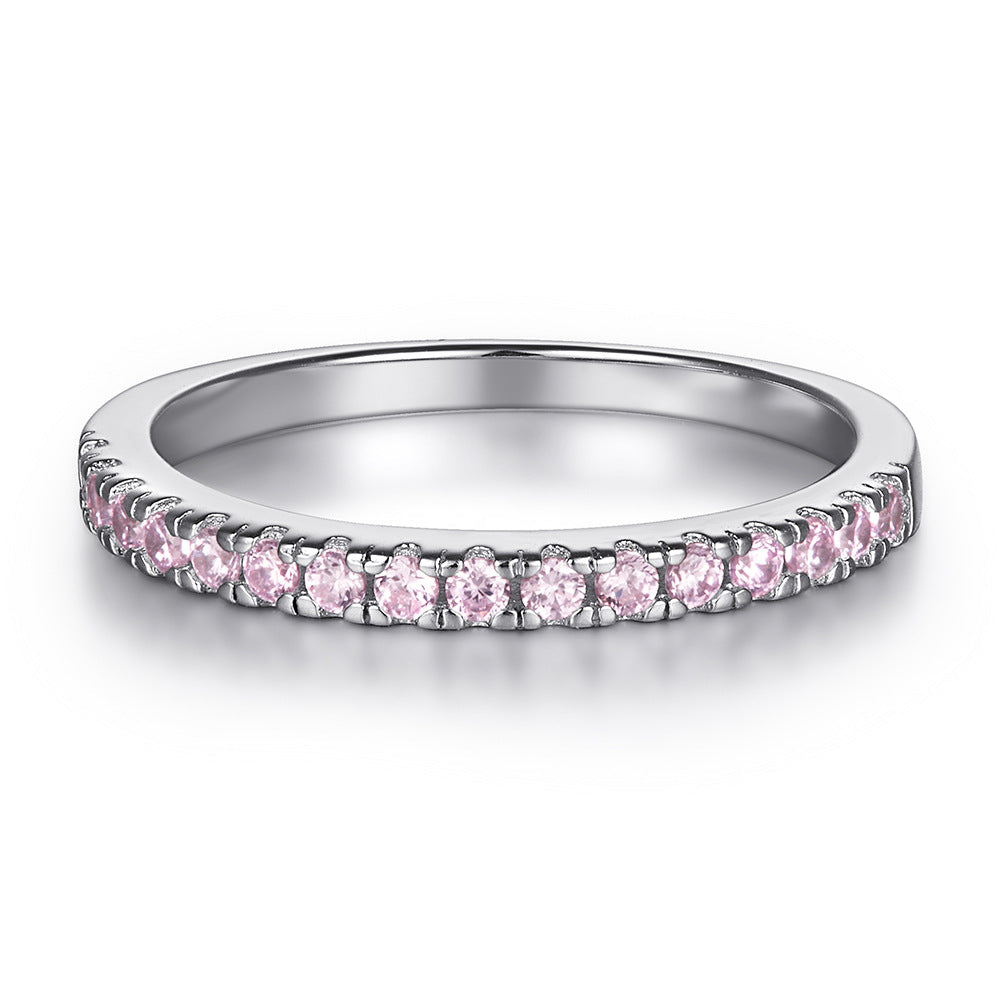 Round Zircon Double Soleste Halo with Half Eternity Pink Zircon Silver Ring Set