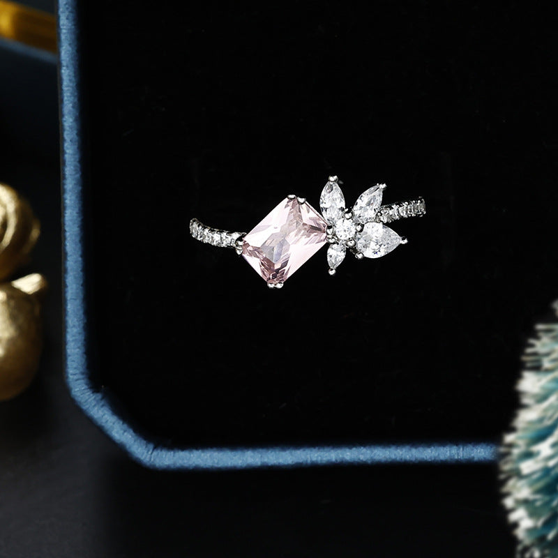 7*5mm Barbie Pink Zircon with Flower Silver Ring for Women