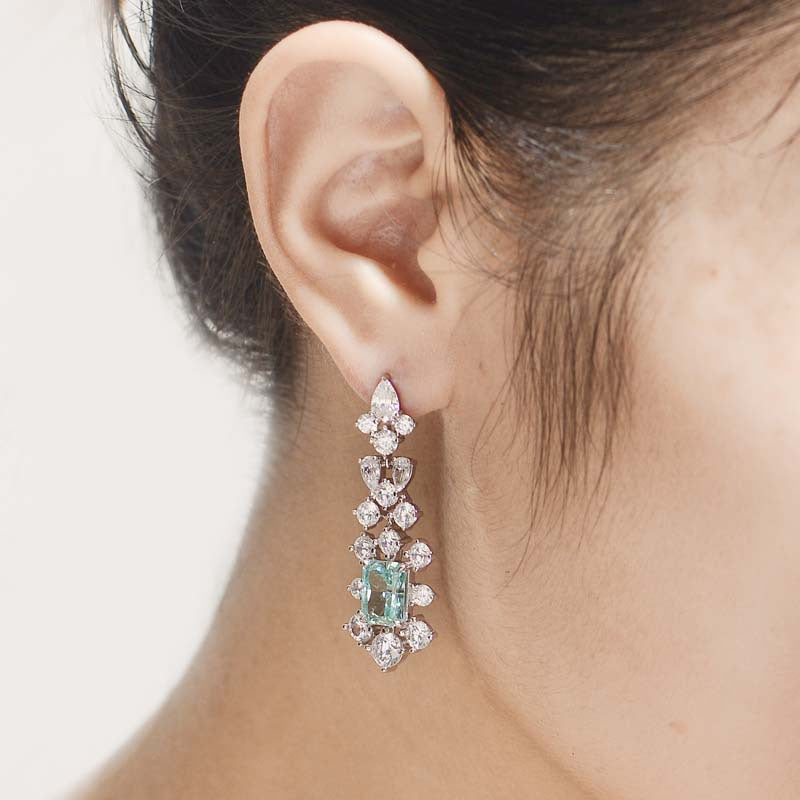 Rectangular Green Zircon Flower Tassel Drop Earrings