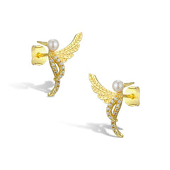 Zircon Bird with Pearl Silver Studs Earrings for Women