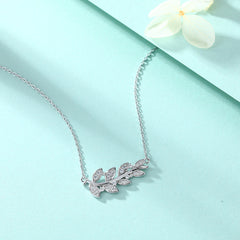 Zircon Wheat Ear Leaf Pendant Silver Necklace for Women