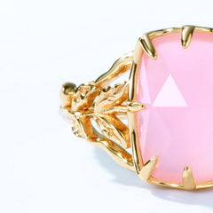 Rectangle Pink Crystal Hollow Leaf Opening Silver Ring