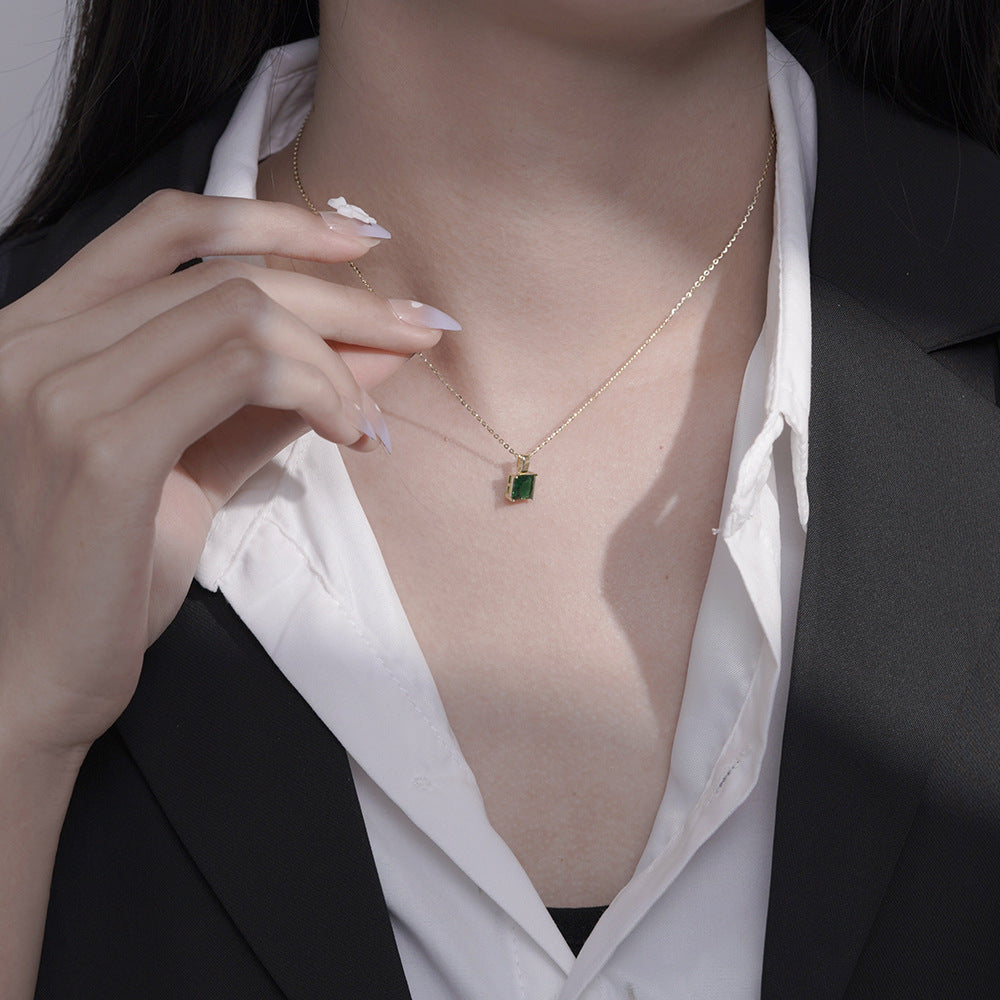 Square Emerald Green Zircon Silver Necklace