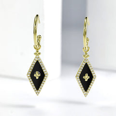 Black Agate Rhombus with Zircon Silver Drop Earrings for Women