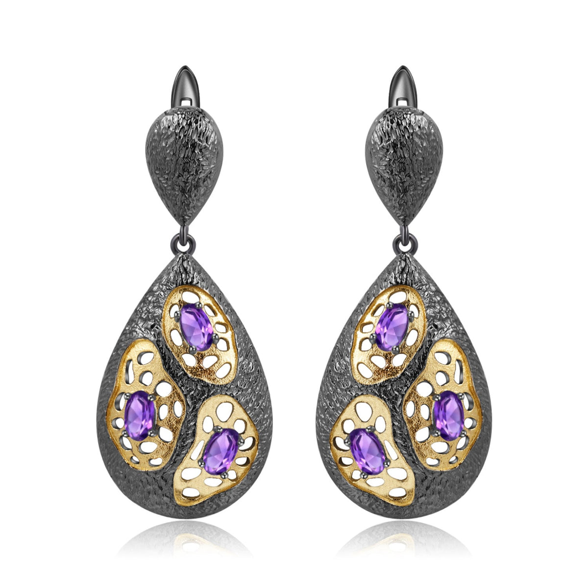 Italian Antique Style Inlaid Natural Colourful Gemstones Pear Drop Silver Earrings for Women