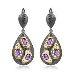 Italian Antique Style Inlaid Natural Colourful Gemstones Pear Drop Silver Earrings for Women