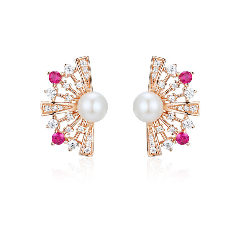 Zircon Fan with Freshwater Pearl Silver Studs Earrings for Women