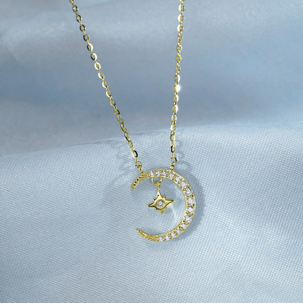 (Two Colours) White Zircon Moon Star Pendants Collarbone Necklace for Women