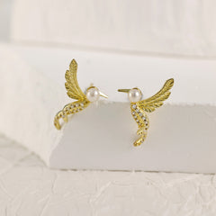 Zircon Bird with Pearl Silver Studs Earrings for Women