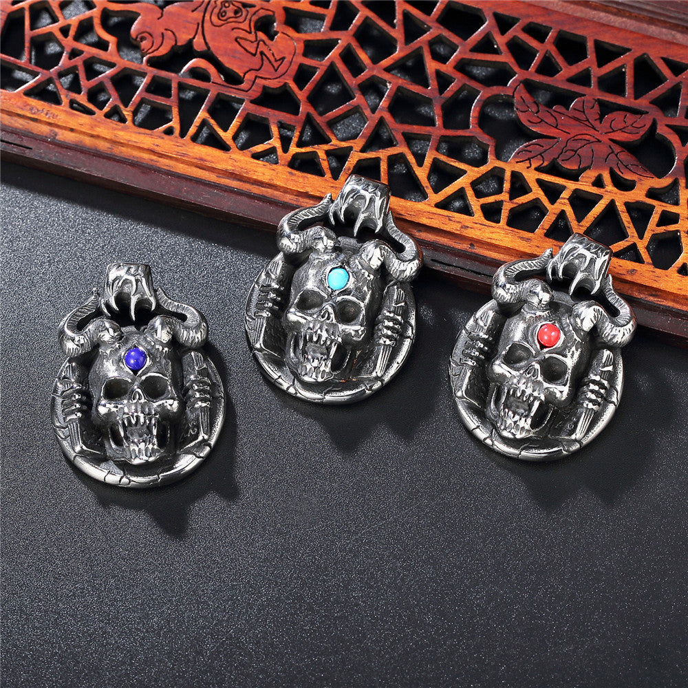 Halloween Cowhead Skull Gemstone Titanium Steel Pendant for Men