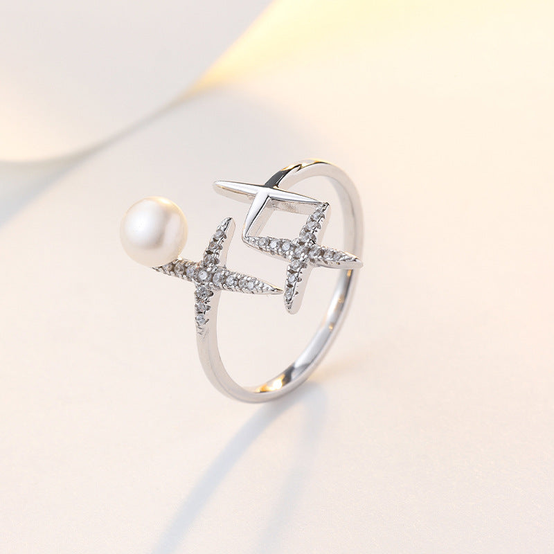 Zircon Cross Star with Pearl Silver Ring