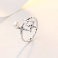 Zircon Cross Star with Pearl Silver Ring