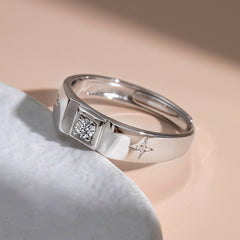 Square Shape Round Zircon Cross Star Opening Sterling Silver Ring for Men