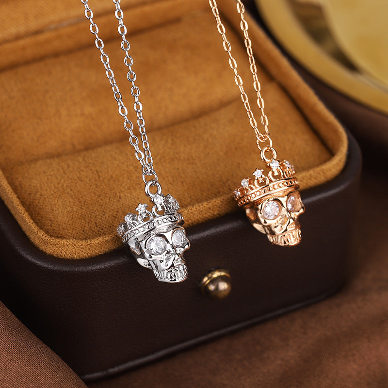 Retro Crown Skull with Zircon Pendant Silver Necklace for Women