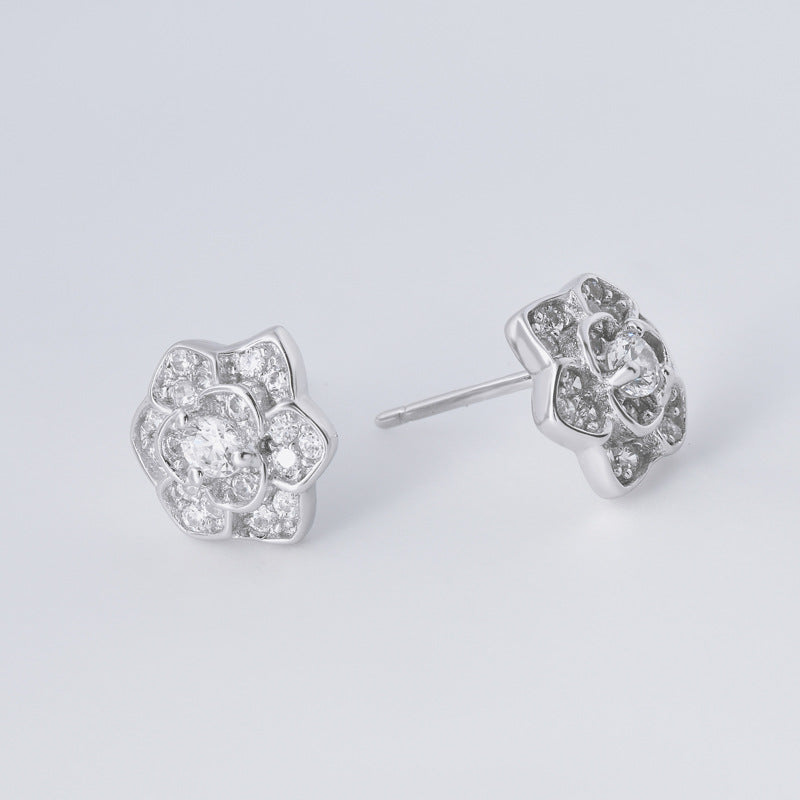 Full Zircon Rose Silver Stud Earrings for Women