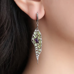 Premium Natural Style Inlaid Colourful Gemstone Leaf Shape Silver Drop Earrings for Women